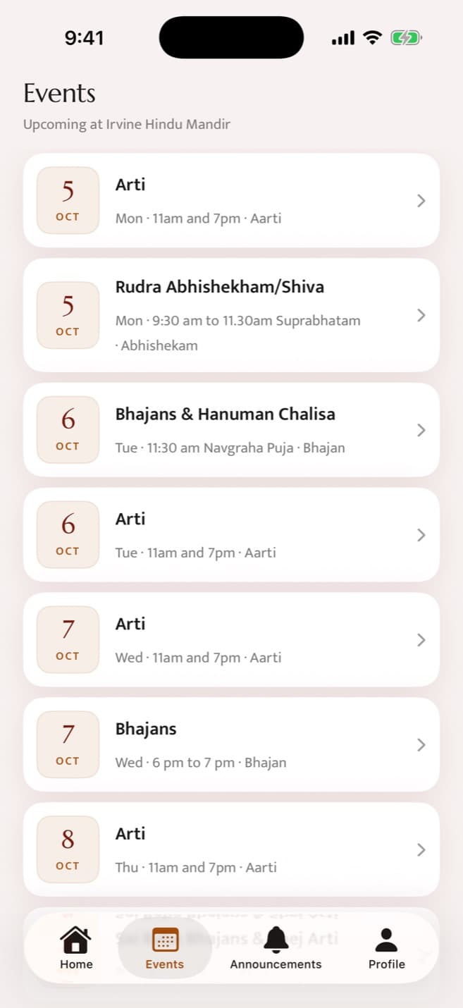 Temple events screen from the Irvine Hindu Mandir app, which YourTemple is built on